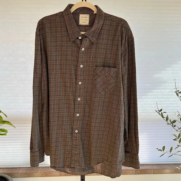 Billy Reid Standard Cut Light Brown Herringbone Plaid Button Front Shirt XXL - Picture 1 of 4